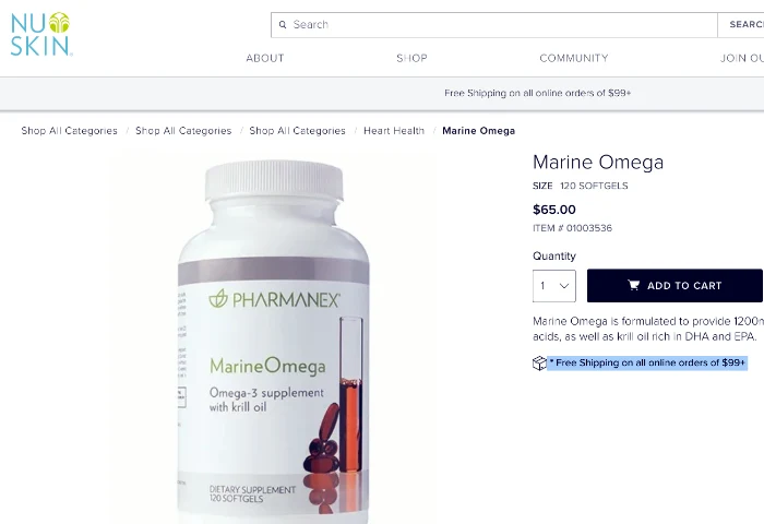 Nu Skin Marine Omega is being sold for $65 for a one month supply.